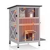GUTINNEEN 2-Story Insulated Cat House Outdoor Large Weatherproof Outside Feral Cat Shelter Wooden Elevated Kitty Condo with Openable Roof, 2 Large Side Doors (Winter-Ready, 28" L x 22.8" D x 34.4" H)