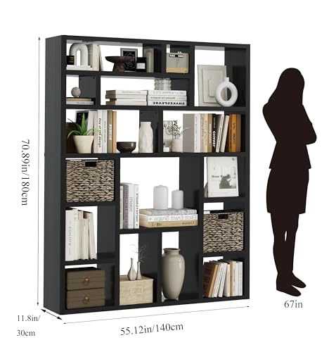 BLANKSPACE 71\" H Large Bookcase with 6 Open Shelves & 2 Baskets - Heavy Duty Storage Shelf for Home Office, Living Room, Freestanding Organizer - Thumbnail 2