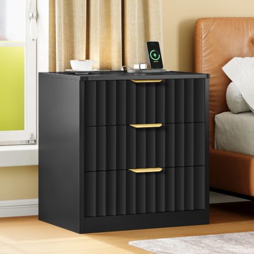 Image of TEENFON Fluted Nightstands Set of 2, Night Stand with Charging Station and LED Light, Nightstand with 3 Storage Drawers, Bedside Table for Small Space, Bedroom, Black