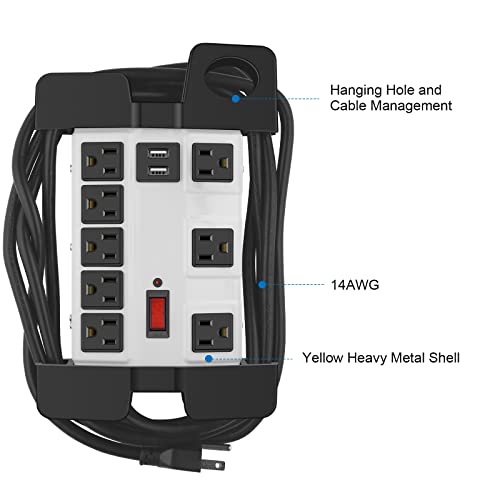 Heavy Duty Power Strip with USB, Workshop 8 Outlet Surge Protector 2700 Joules, Grey Industrial Metal 15Amp Power Strip, 10FT Extension Cord and Wide Spaced. by CCCEI - Image 6
