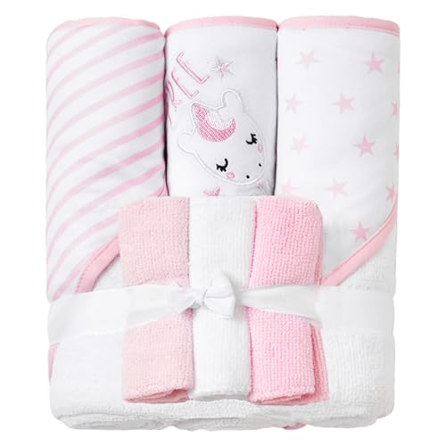 Image of Viviland Baby Towels and Wash Cloths Set - Hooded Towels, Face Towels, Burp Cloths or Wipes - Absorbent Bath Towels - 6-Pack, Size 28 x 28 Inch (Pink Unicorn)