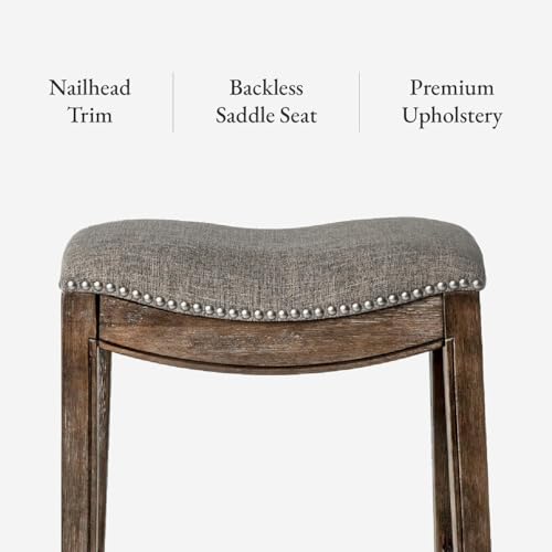 Maven Lane Adrien Backless Bar Stool – 31 Inch Saddle Seat with Footrest – Brown Solid Wood Frame & Grey Fabric Upholstery – Ideal for Bars, Pub Tables & Tall Kitchen Counters