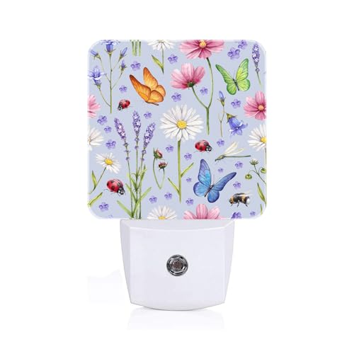 Image of Wild Flowers and Insects Butterflies Night Light,Plug Into Wall for Boys Girls Bedroom Decorative Square Night Light Lamp 0.5w Sleep Friendly