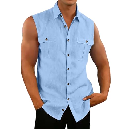 Débardeur de plage boutonné en lin t-shirt sans manches homme