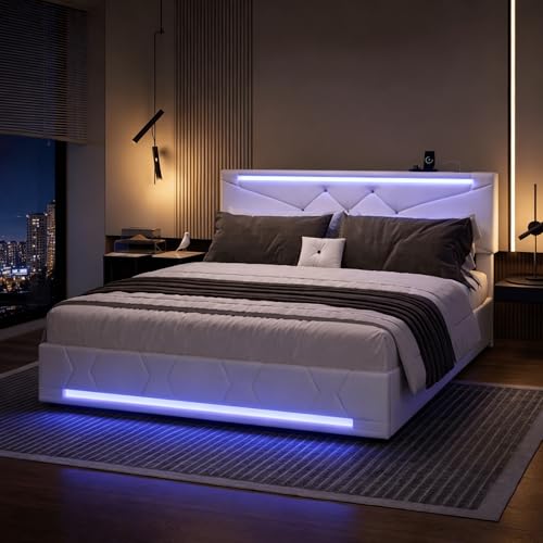 HYNHXBP Lit Coffre 160x200 avec Sommier, Lit Double avec LED RGB, Tête de Lit Réglable avec Rangement et Charge USB/USB-C, Coffre Hydraulique, pour Adultes...
