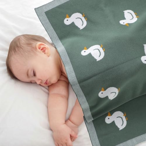 Image of mimixiong Baby Blanket Knit Receiving Boys Girls Blanket Soft Cotton Neutral Blanke for Swaddle Crib Stroller with Cute Sheep (Deep Green-Duck, 30x40 Inch (Pack of 1))