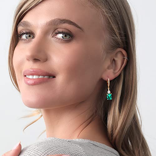 Gem Stone King 18K Yellow Gold Plated Silver Emerald Cut 9X7MM Gemstone Birthstone and White Topaz Dangle Earrings For Women4