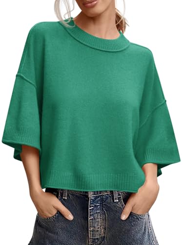 Image of Saodimallsu Womens Short Sleeve Sweater Summer Oversized Cropped Sweaters Casual Crewneck Lightweight Knit Tops