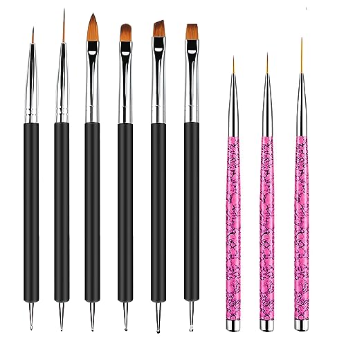 9 Stück Nagel Pinsel Kit, 3 Stück Nagel Art Liner Pinsel, 6 Stück doppelseitige Nageldesign, pinsel für nägel Dotting Tools, Nail Art Line Pen, Maniküre Nagelzubehör für Nageldesign