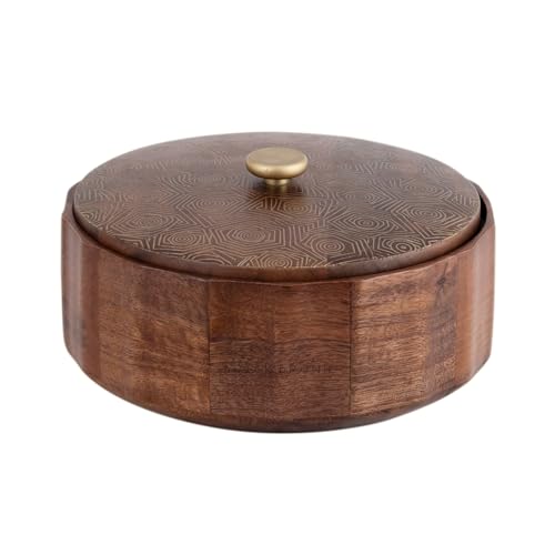 Image of Brick Brown Anant Wooden Roti Box with Lid | Solid Wood Chapati Box for Kitchen & Dining | Designer Roti Casserole & Roti Hot Pot Case | Faceted Roti Dabba Server | Storage Container (8x8x4 Inch)