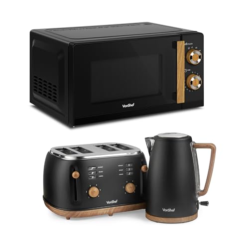 VonShef Microwave Kettle Toaster Set Scandi Kitchen Set 1.7L Nordic Rapid Boil Kettle Wide Slot Toaster 4 Slice with 6 Browning Controls and 20L Microwave with 6 Power Levels Fika Range Black