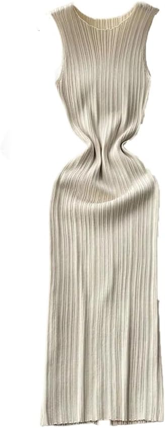 Women Sheath Long Dress O Neck Sleeveless Solid Pleated Knit Elastic Retro Sheath Fitted Dress