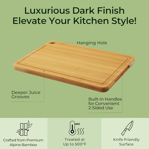 Image of Keechee Natural Bamboo Cutting Board Set of 2, Wood Chopping Blocks | Deep juice grooves, built-in handles, versatile two piece set for meat, cheese and fruit