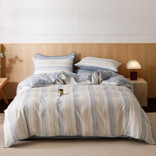 Image of VM VOUGEMARKET Blue White Stripes Duvet Cover King 100% Cotton Muslin Duvet Cover Embroidered Cozy Simple Modern Bedding Set for Men Women