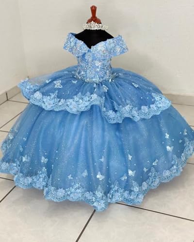 Ftupza Tulle Lace Flower Girl Dresses for Wedding Off Shoulder Ball Gown Beaded First Communion Dress Butterfly Pageant Dress4