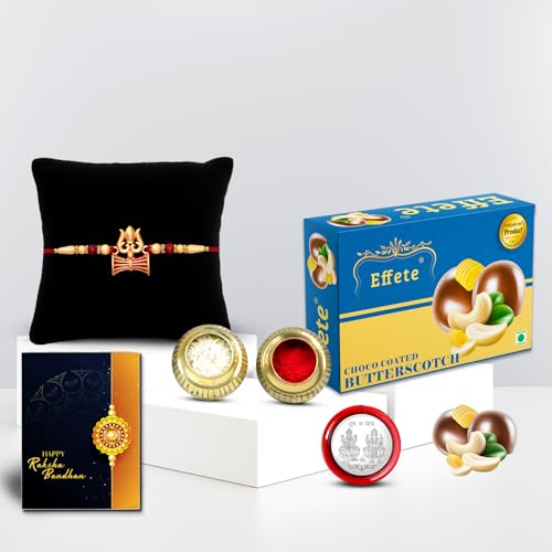 Image of DeoDap Rakhi Gift Set for Brother Raksha Bandhan - Lord Shiv Trishul Design with Choco Butterscotch, Silver Pooja Coin & Greeting Card