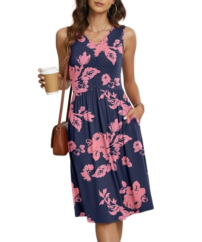 Image of NILOUFO Sleeveless Dress for Women Summer Knee Length Sundress with Pockets | Sundresses for Women Tank Empire Waist Sun Dress Cold Shoulder Casual V Neck Midi Dress Flowy Summer Dresses for Women