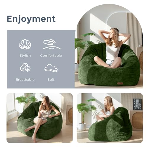 Image of MAXYOYO Giant Bean Bag Chair, Oversized Bean Bag Couch for Adults and Kids, Faux Fur Shell-Shaped Large Chair with Filler, Stuffed Big Accent Sofa Floor Sofa for Gaming, Reading, Green