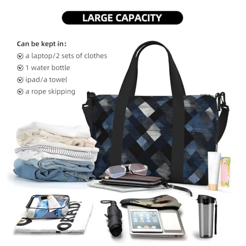 Abstract Navy Blue Plaid Print Travel Duffle Bags for Women, Personal Item Overnight Weekender Sport Carry On Gym Bag for Men Women4