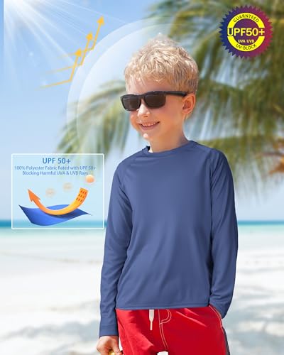 Image of Boys UPF 50+ Rash Guard Swim Shirt, Kids Youth Long Sleeve Sun Protection UV Rashguard Shirts for Water Surfing Beach