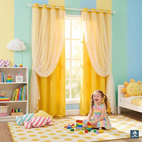 Lemon Yellow Blackout Curtains with White Sheer Overlay for Girls Bedroom