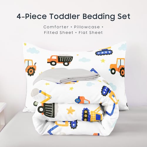 Image of Wake In Cloud - Toddler Bedding Set for Boys, Construction Car Excavator Truck, 4 Pieces Soft Crib Bed Set Including Comforter, Sheets and Pillowcase, White