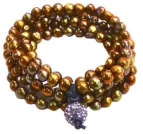 Freshwater Pearl Stretch Bracelet in Four Layers and Rhinestone Ball Charm Closure (White)