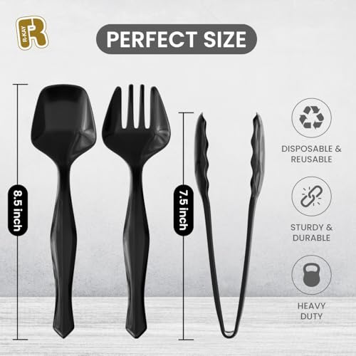18 Pcs Black Plastic Serving Utensils Set - 6 Black Plastic Serving Spoons, 6 Black Tongs And 6 Forks - Heavy Duty Black Disposable Serving Utensils Set For Parties - Thumbnail 5