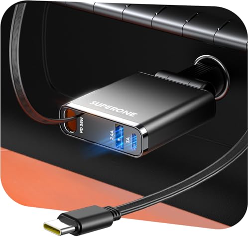 Image of SUPERONE Car Charger USB C Fast Charge,Ultra-Slim Retractable Car Charger for Car Accessories for Women Men,Car Charger Adapter for iPhone 17 16 15 14 13 12,Samsung,iPad,Airpods