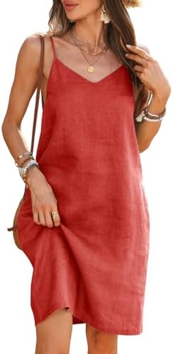 Women's 100% Linen Dress Spaghetti Strap Adjustable Strap V Neck ...