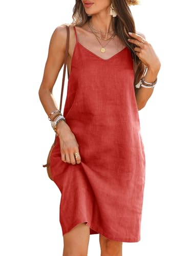 Image of Women's 100% Linen Dress Spaghetti Strap Adjustable Strap V Neck Sleeveless Sundress Summer 2026 Beach Vacation