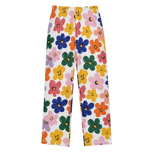 Simple Flowers Colorful Pattern Cute Pajama Pants, Soft Sleepwear Lounge Pants Pajama Pj Bottoms for 6-14 Years