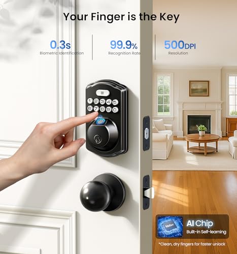 Image of Veise Fingerprint Door Lock with 2 Knobs - Keyless Entry Door Lock with Handle, Electronic Keypad Deadbolt, Smart Front Handle Set, Auto-Locking, Waterproof, Easy Installation, Matte Black