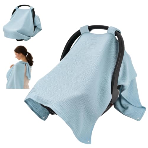 SERAPHY 100% Muslin Cotton Car Seat Cover Baby, Universal Carseat Covers, Breathable Baby Car Seat Canopy for Boys Girls, Soft Infant Car Seat Cover for Summer —Blue
