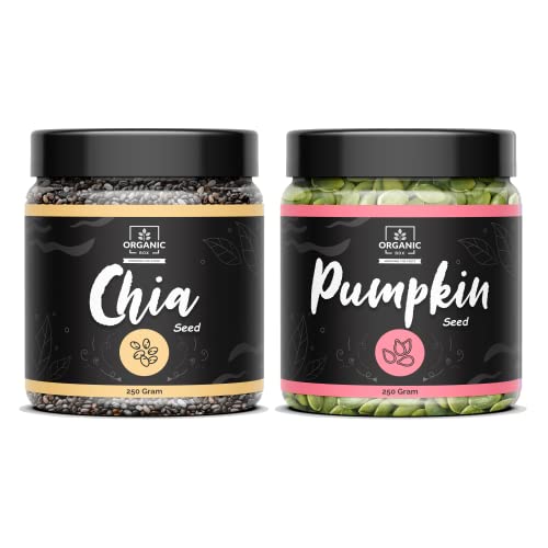 Image of Organic Box 100% Natural and Premium Raw Unroasted Chia Seeds and Pumpkin Seeds - 250 Gram Each - Omega 3 and Fiber for Weight Loss - Diwali Gift Pack (500gm)