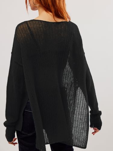 SuperPrity Womens Tops Long Sleeve Crochet Knit Top 2024 Hollow Out Side Split Swimsuit Cover Up Beach Vacation Outfit3