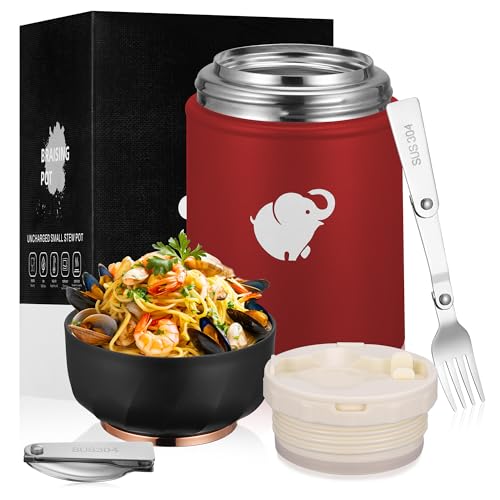 TranRantic Térmico para Comida Caliente, 500ML Acero Inoxidable Contenedor Térmico de Doble Pared, Matraz de Sopa Termo con Tenedor y Cuchara Plegables, Tarro de Comida para Comidas Calientes(Rojo)
