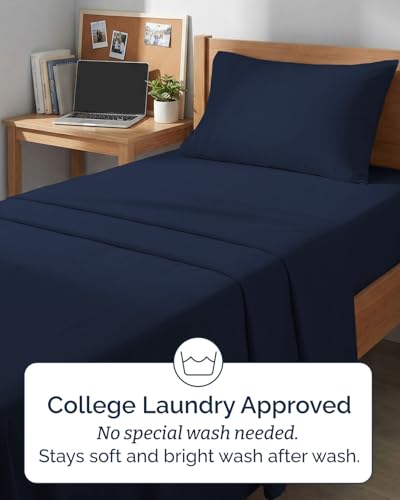 Image of Twin XL 4 Piece Sheet Set - College Dorm Room Essentials - Navy Blue | Ultra Soft Dorm Bedding Set, 8 inch to 16 inch Inch Deep Pockets, 1 Flat & 1 Fitted Sheet & 2 Pillowcases, Wrinkle & Fade Free