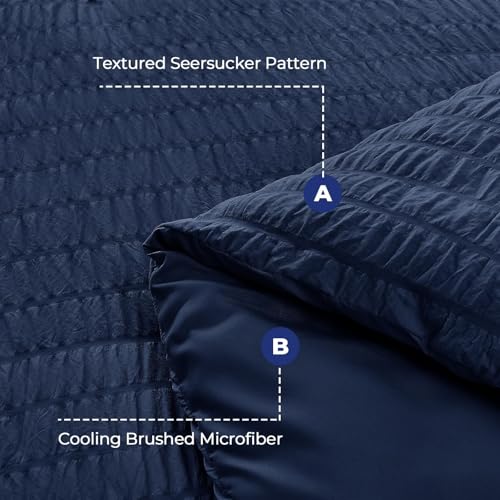Image of HYMOKEGE Navy Blue California King Comforter Set Seersucker 7 Pieces, All Season Luxury Bed in a Bag for Bedroom, Bedding Set with Comforters, Sheets, Pillowcases & Shams