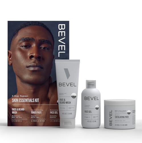 Bevel Facial Skin Care Set for Men - Mens Skincare Kit Routine Includes Face Wash with Aloe Vera, Glycolic Acid Exfoliating Pads, Lightweight Face Moisturizer, Helps Treat Blemishes and Bumps