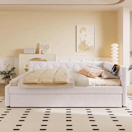 FAYICIC Cama diurna, 140 x 200 cm, sofá cama, cama con somier (sin colchón), con lámpara de noche, con cama nido multifuncional, conexión USB, tipo C, imitación vellón (blanco)