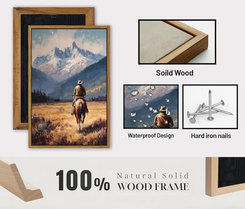 Image of Western Wall Art Vintage Cowboy Framed Canvas Prints Western Home Decor | 16x24 inch Rustic Western Horse Rider Artwork for Living Room Bedroom Office Fall Mountain Landscape Painting Country Wall Decor