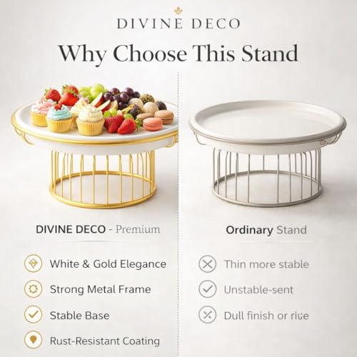 Image of Premium Metal Cake Stand with White Tray & Gold Finish Base | Elegant Dessert Stand for Cakes, Cupcakes, Pastries & Fruits | Decorative Serving Platter for Home, Parties & Gifting