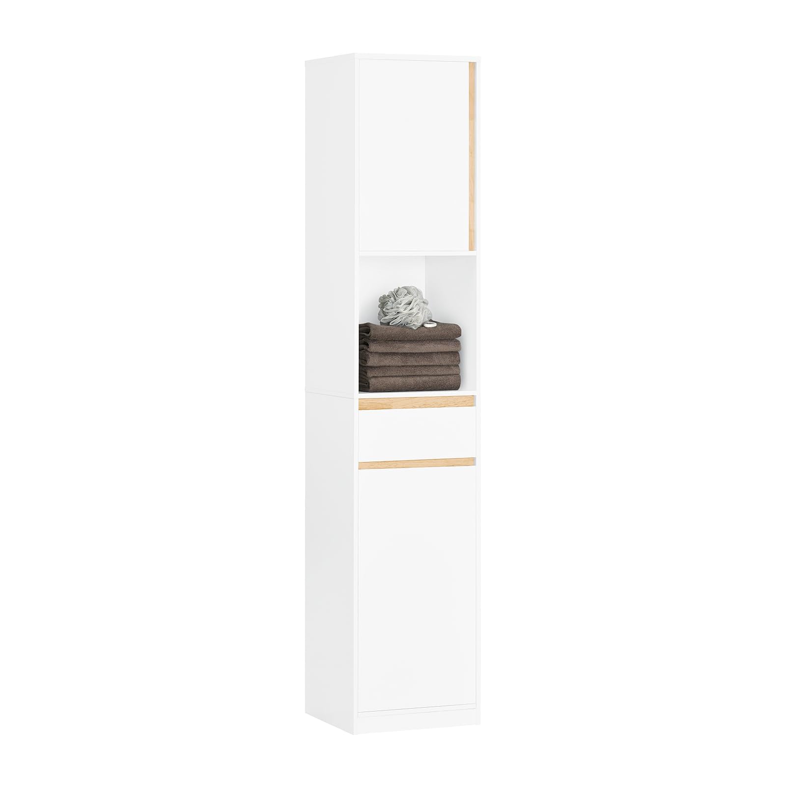 SoBuy Mobile Colonna Bagno Salvaspazio con 1 Cassetto, 1 Ripiano Aperto e 2 Ante – Armadietto Alto e Stretto per Bagno, WC o Lavanderia, Bianco 35x33x170cm BZR80-W