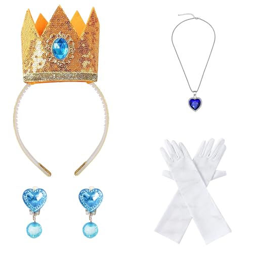 VIEKIER 4 Pcs Princess Peach Crown Costume Accessories Women Girls Crown Earrings Gloves Brooch Necklace for Princess Dress Up Accessories