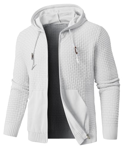 Zaitun Men's Full Zip Up Hooded Cardigan Sweater with Pockets White
