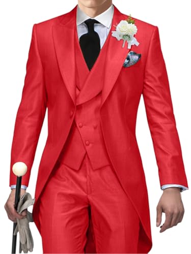 Men's Tailcoat Suit,Mens Tuxedo 3 Piece Slim Fit Suits Double Breasted for Men Summer Wedding,Proms,Concert,Red,XL
