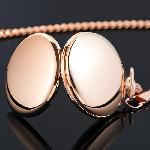 Image of Rose Gold Smooth Pocket Watch Rose Gold Steel Quartz Arabic Numerals with 37cm Chain for Father's Day Xmas Best Gifts