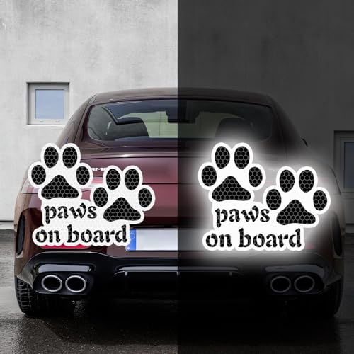 Image of 2pcs Reflective Paw Print Decal Dog Paws on Board Car Window Sticker Safety Warning Sign Stickers Funny Reflective Vinyl Stickers for Car Motorcycles Laptop (White)