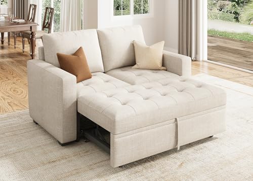 Image of HONBAY Modular Sleeper Sofa with Pull Out Bed Sleeper Loveseat Convertible Sectional Couches for Living Room,Mid Beige